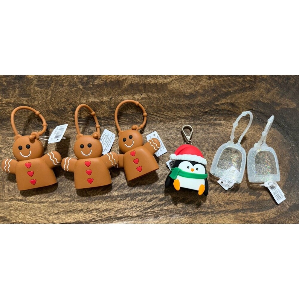 Lot of 6 Bath and Body Hand Sanitizer Holders Gingerbread Penguin Clear Glitter